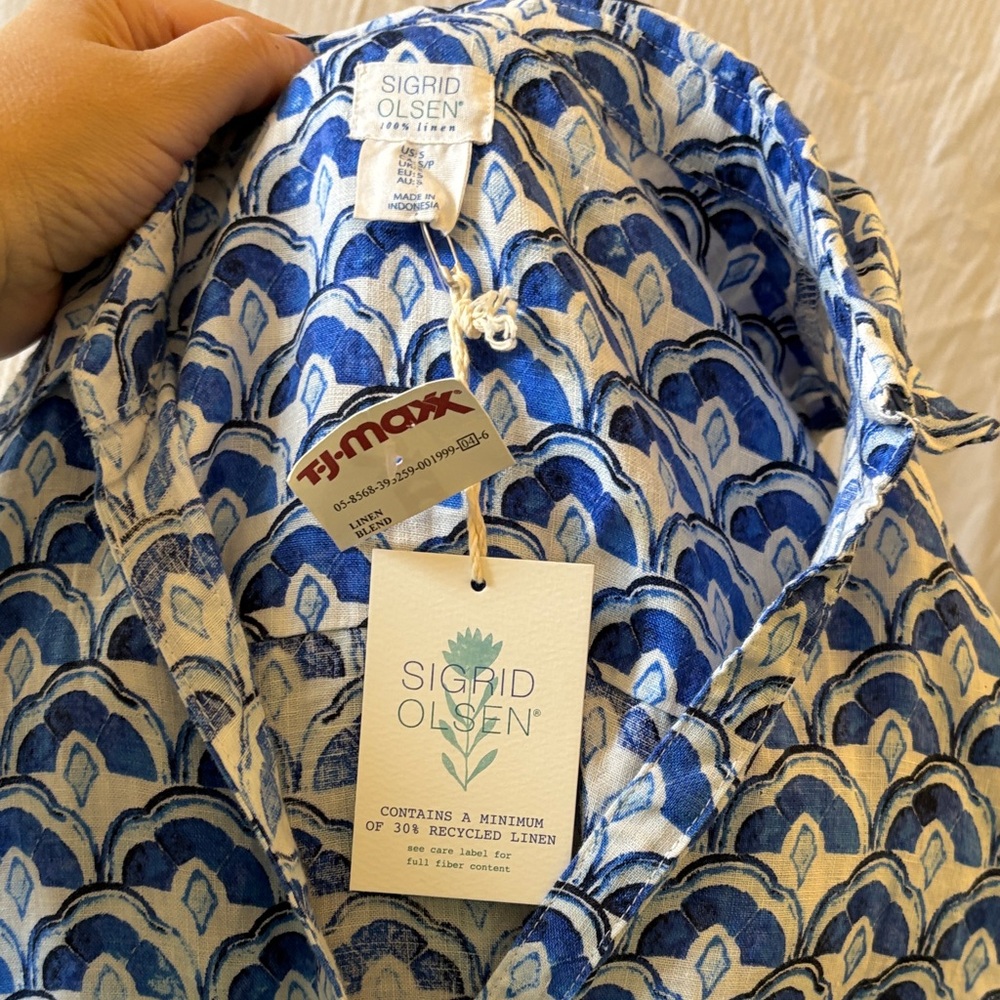 Sigrid Olsen Blue and White Linen Fan Medallion Print Midi Dress Small NWT’s - Picture 8 of 11